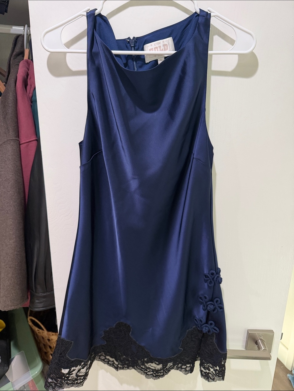Stone Cold Fox Navy Satin Mini Dress with Black Lace Trim